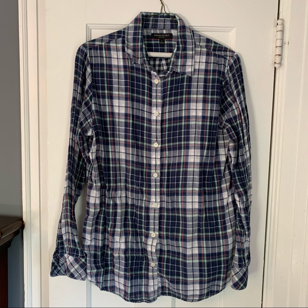 Banana Republic Plaid Button-up Cotton Top Size L